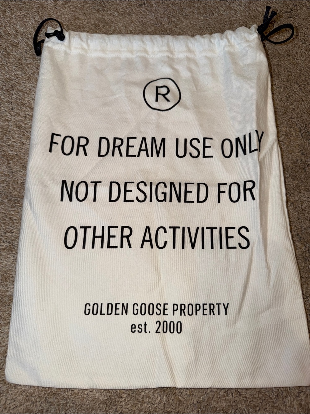 Golden Goose White Canvas Drawstring Dust Bag with Black Print